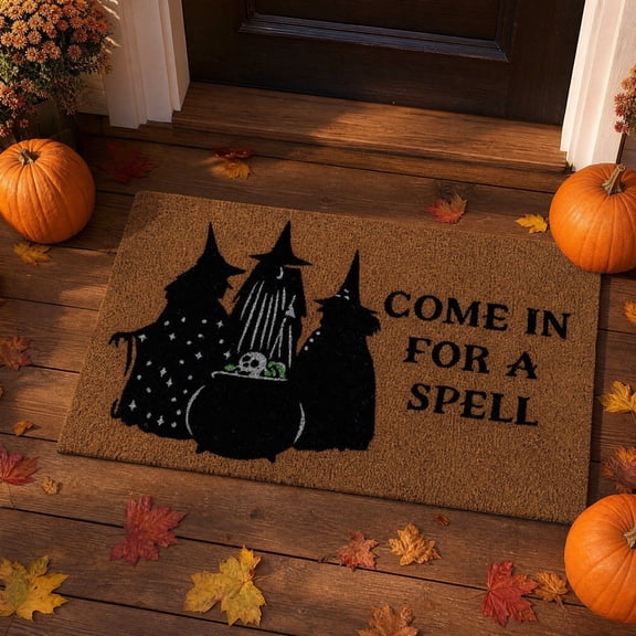 Spooky Witch Cauldron Coir Doormat, Funny Spell Slogan Halloween Front Door Welcome Mat, Natural Fiber, 16x24 Inch, for Indoor Covered Porch Decor