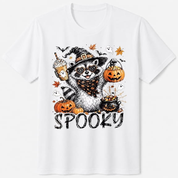 Spooky Witch Raccoon and Pumpkin Halloween T-Shirt, Funny Spooky Season Graphic Short Sleeve Casual Shirt