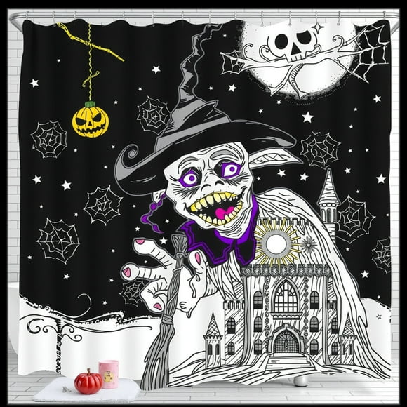 Spooky Witch Shower Curtain - Fun Halloween Decor with Castle & Moon