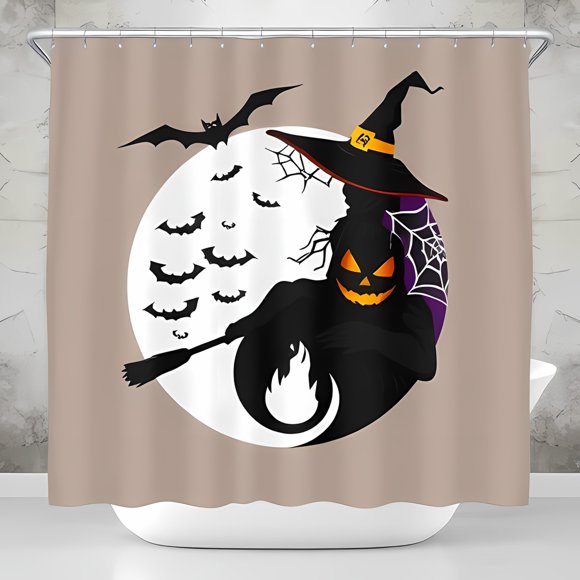 Spooky Witch Shower Curtain with Face & Bat Design - Halloween Decor for Bathroom
