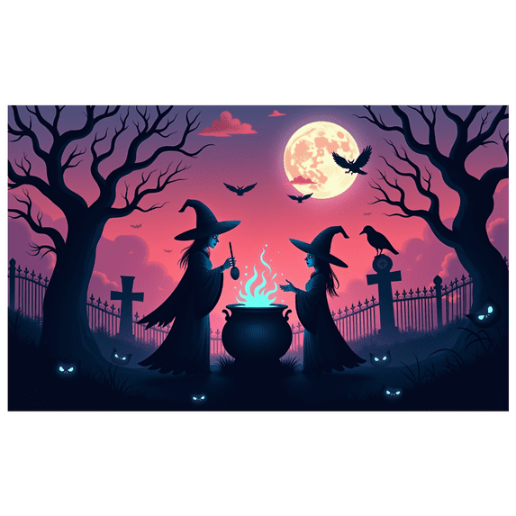 Spooky Witch Theme Halloween Banner Cauldron Scene Night Sky Bats Moon for Halloween Party Decoration Outdoor Indoor