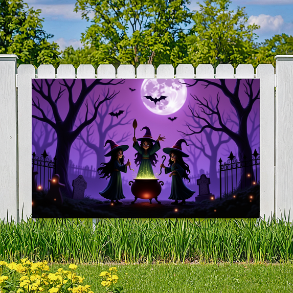 Spooky Witch Theme Halloween Banner Cauldron Scene Night Sky Bats Moon for Halloween Party Decoration Outdoor Indoor