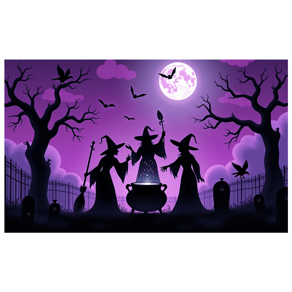 Spooky Witch Theme Halloween Banner Cauldron Scene Night Sky Bats Moon for Halloween Party Decoration Outdoor Indoor