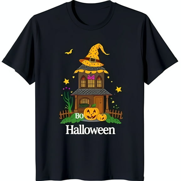 Spooky Witch's House Graphic Black T-Shirt for Halloween Fun Boo Halloween