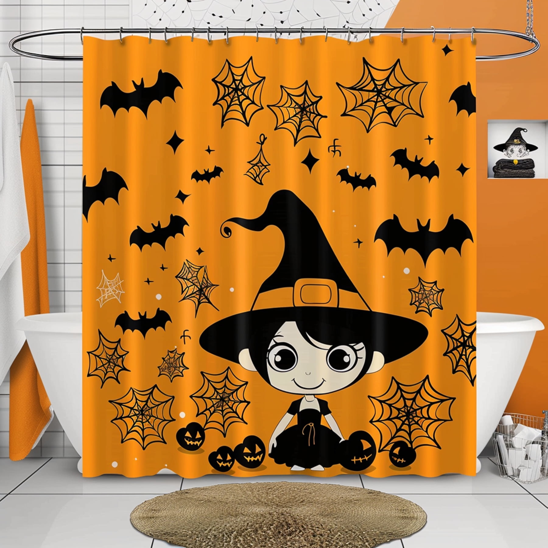 Spooky Witchy Bathroom Set Cartoon Halloween Shower Curtain & Accessories Orange Background