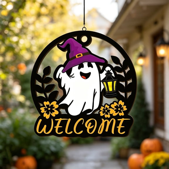 Spooky Wooden Round Wall Hanging Ghost Plaque Hollow Cutout Farmhouse Sign for Front Door Porch Indoor Outdoor Halloween Decor
