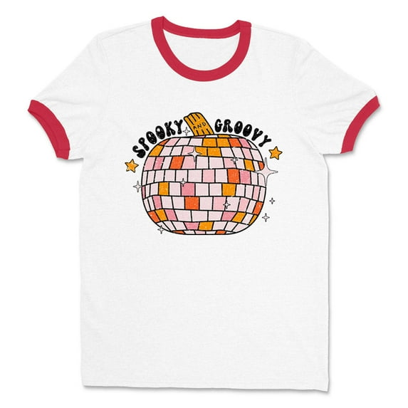 Spooky and Groovy Ringer Tee Shirt Unisex Medium White/Red