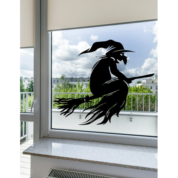 Spooky halloween Flying On Broom Window Cling Decal:Halloween Window Silhouette|Halloween Decor