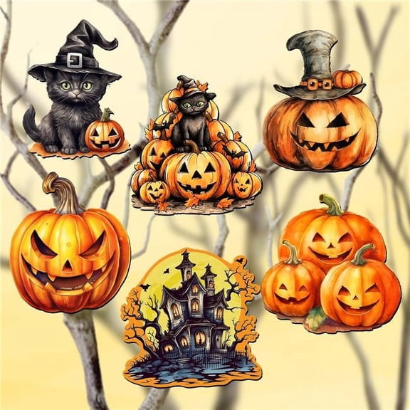 Designocracy 8090019C-S6 2 x 2 x 0.25 in. Spooky Pumpkins Decorative Wooden Clip-on Ornaments Halloween Decor, Set of 6