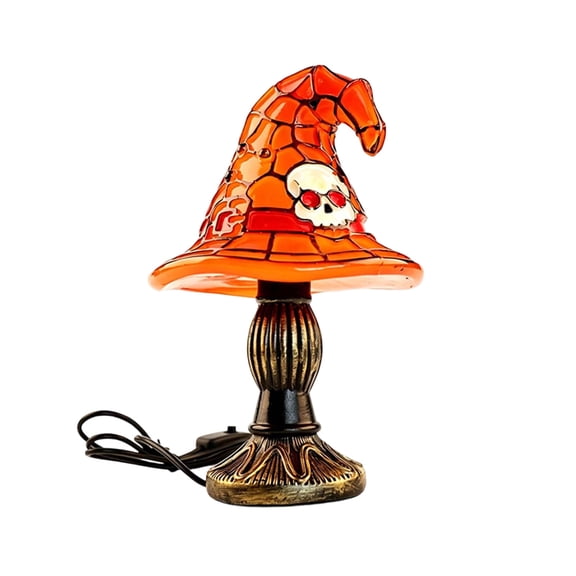 Spooky themed resin wizard hat lamp with stained glass pattern, USB powered mini light for home Halloween decor.