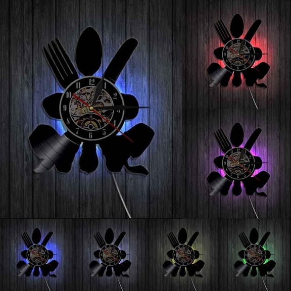 Spoon Fork Knife Utensil Wall Art Vintage Kitchen Wall Decor Made Of Real Vinyl Record Wall Clock Cutlery Modern Wall Clock