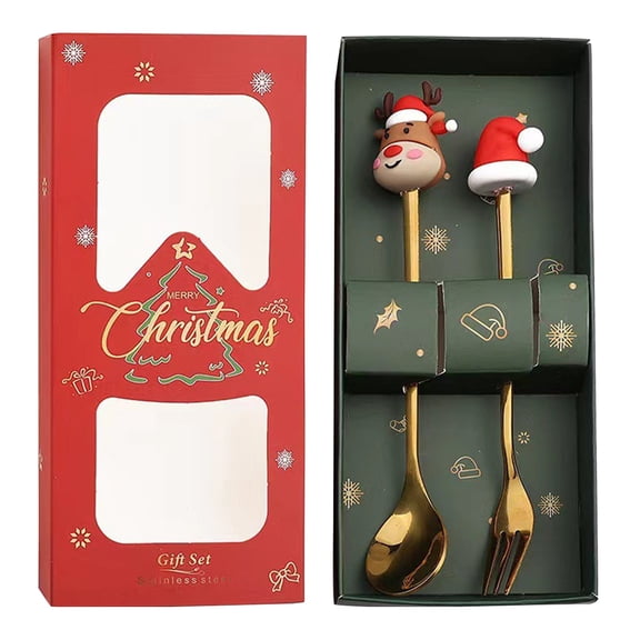 Spoon & Fork Set | Oimcto Stainless Spoon Fork Kit, Cute Shape Coffee Spoons Dessert Forks, Stainless Steel Santa Christmas Tree Shaped Decor Tableware - Deer Head Spoon + Hat Fork