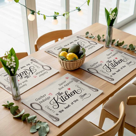 Spoon Fork Vintage Farmhouse Placemats Set of 4,Wipeable Washable Table Mats for Dining Tables, Abstract Love Retro Linen Place Mats for Kitchen Event Party Tabletop Decor