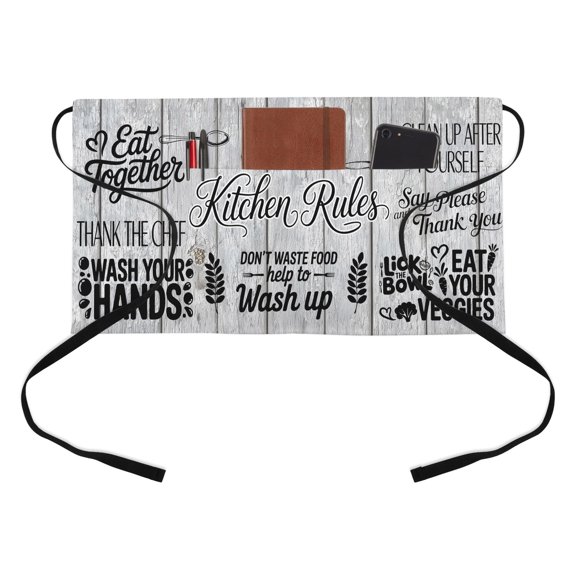Spoon Knife Kitchen Restaurant Half Waist Apron, Rustic Vintage Typography Kitchen Art Gray Wood Grain Server Short Apron with 3 Pockets Waterproof Oil Waist Aprons for Women Waitress Waiter