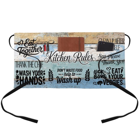 Spoon Knife Kitchen Waitress Apron with 3 Pockets, Colorful Blue Teal Wooden Server Aprons Waterproof Kitchen Restaurant Half Waist Apron for Men Women
