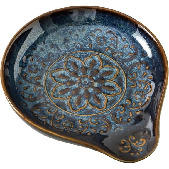 Spoon Rest for Stove Top, Ceramic Cooking Holder Kitchen Counter, Farmhouse Utensil Spoons, Ladles, Spatula, Glazed Blue