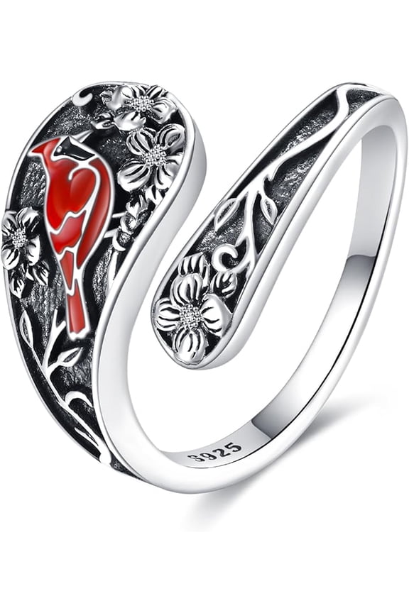 Spoon Rings for Women 925 Sterling Silver Red Cardinal Poppy Ring Cardinal Jewelry Gifts for Mom Women