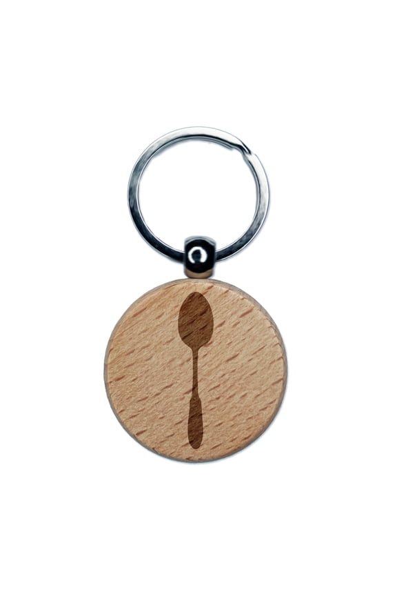 Spoon Solid Utensil Eating Sketch Round Keychain Charm Tag - Engraved Wood