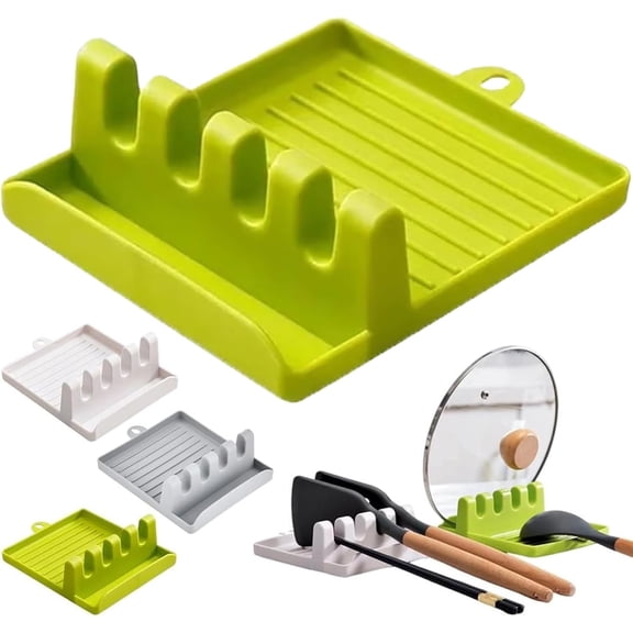 Spoon and Spatula Holder, Kitchen Spoon Holders Fork Spatula Rack Shelf Organizer Plastic Chopsticks Holder Non-slip Spoons Pad, Countertop Utensil Rest with Drip Grooves, Easy to Clean (1PCS-Green)