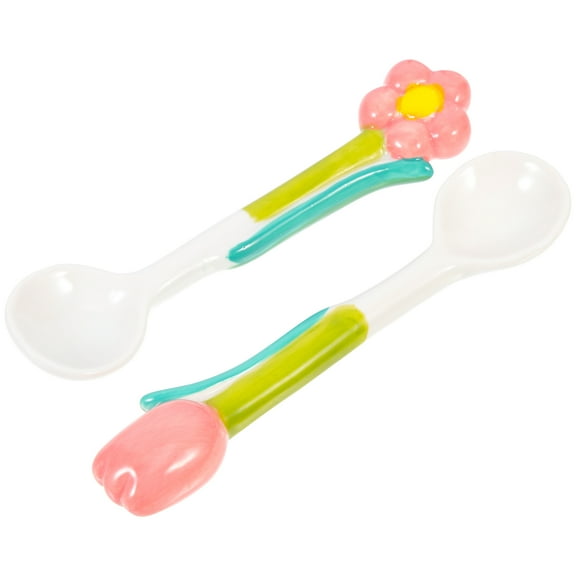 TABLZONE Pink Ceramic Flower Spoon Set 2Pcs Daily Use Tableware