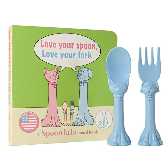 Spoon la la Made in USA Toddler Utensil Set (2 Pack) & Board Book - Spoon & Fork for Kids, Self-Standing 3D Ergonomic Cat & Dog Handles, BPA-free, Dishwasher Safe (Blue)