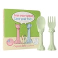 thumbnail image 1 of Spoon la la Made in USA Toddler Utensil Set (2 Pack) & Board Book - Spoon & Fork for Kids, Self-Standing 3D Ergonomic Cat & Dog Handles, BPA-free, Dishwasher Safe (Green), 1 of 12