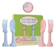 thumbnail image 1 of Spoon la la Made in USA Toddler Utensil Set (4 Pack) & Board Book - Spoons & Forks for Kids, Self-Standing 3D Ergonomic Cat & Dog Handles, BPA-free, Dishwasher Safe (Pink, Blue), 1 of 19