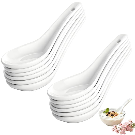 Spoon set, 12 pieces, made of high-quality ceramic, 5.3 inches long; ideal for Asian ramen, as well as Vietnamese pho, miso soup, wontons, dumplings, Italian ravioli, and more.