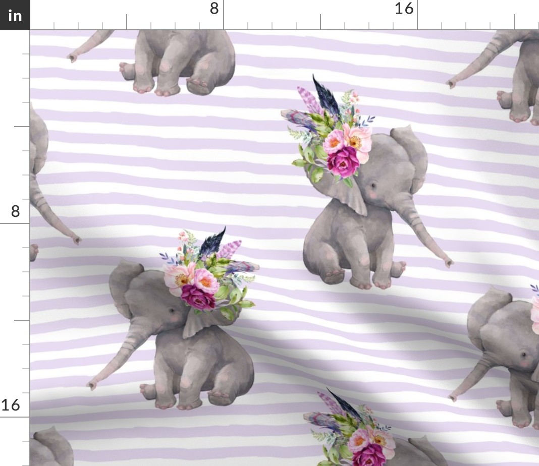 Spoonflower Fabric Boho Lilac Elephant Stripes Feathers Floral