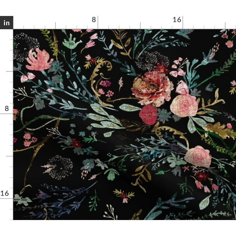 Spoonflower Fabric - Fable Floral Black Flowers Rose Garden Fern