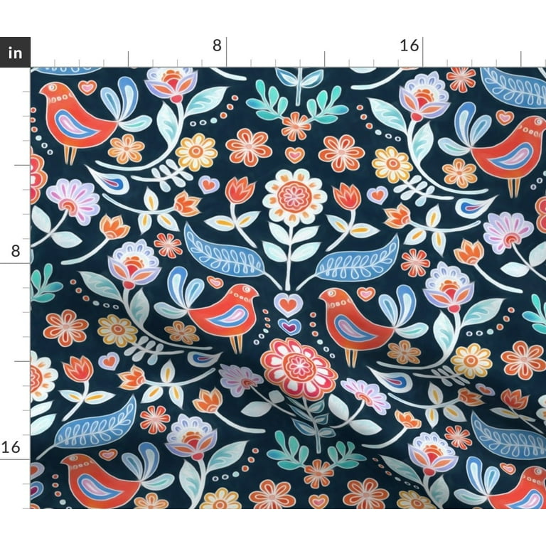 Spoonflower Fabric - Happy Folk Summer Floral Dark Swedish Art Birds  Flowers Painted Printed on Linen Cotton Canvas Fabric Fat Quarter - Sewing  Home
