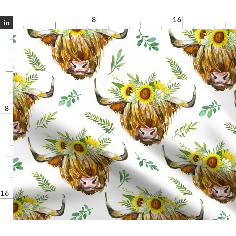 Spoonflower Fabric - Highland Cow Sunflower Medium Scale Flowers Floral  Wreath Western Printed on Upholstery Velvet Fabric by the Yard - Upholstery