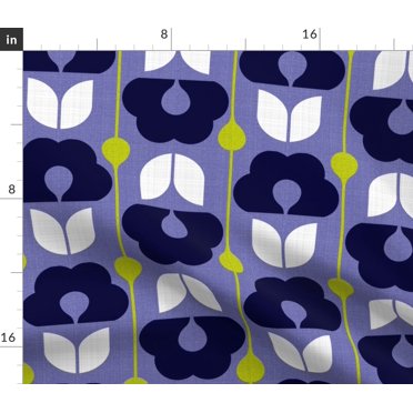 Spoonflower Fabric - Mid Mod Blooms Periwinkle Retro Jumbo Floral Printed on Denim Fabric Fat Quarter - Bottomweight Apparel Home Decor Upholstery