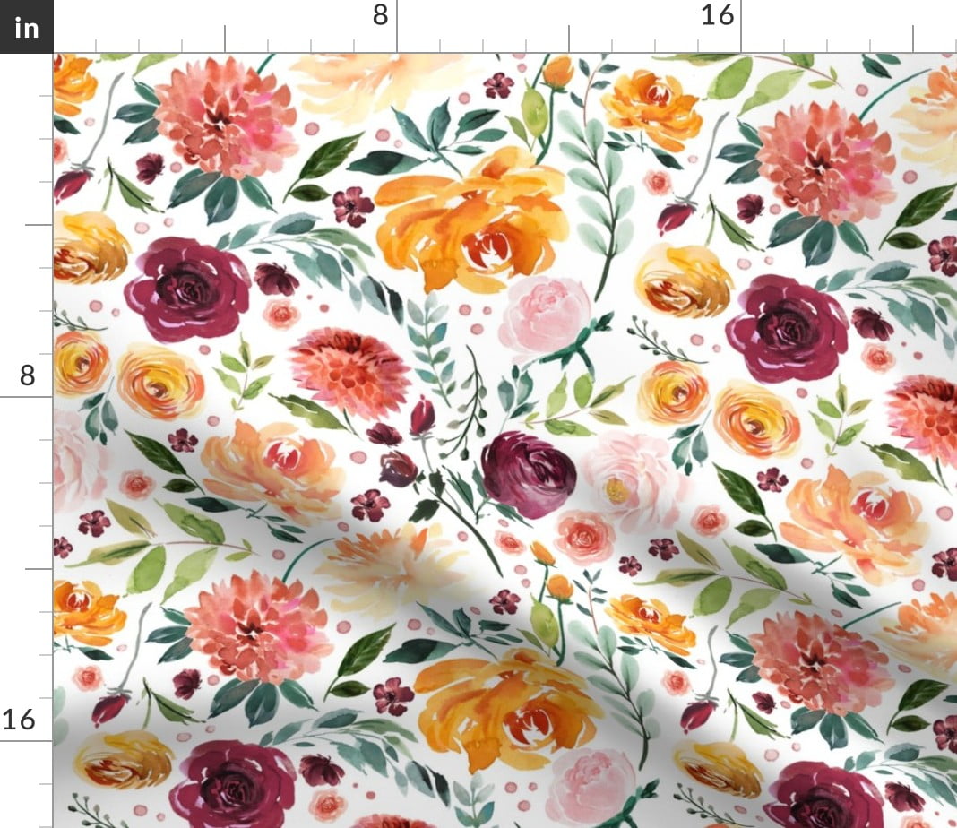 Spoonflower Fabric - Orange Burgundy Floral Spring Watercolor Fall Printed  on Petal Signature Cotton Fabric Fat Quarter - Sewing Quilting Apparel