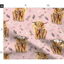  Spoonflower Fabric - Pink Spring Highland Cow Floral