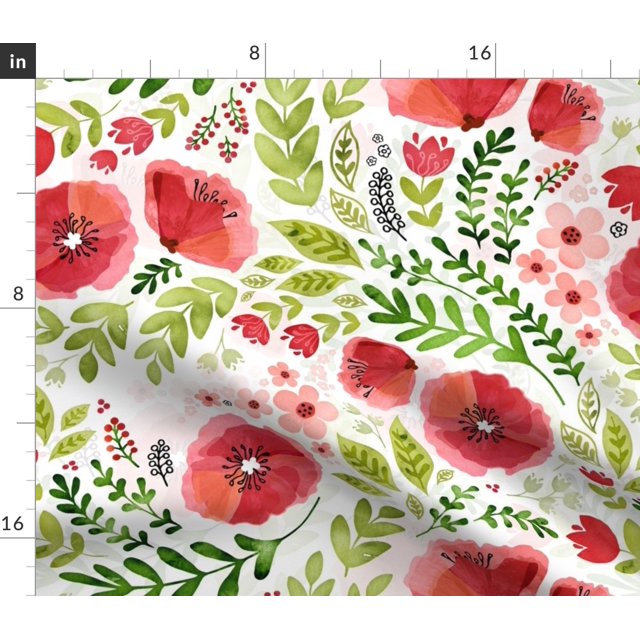 Spoonflower Fabric Poppy Chintz Floral Flowers Watercolor Leaves