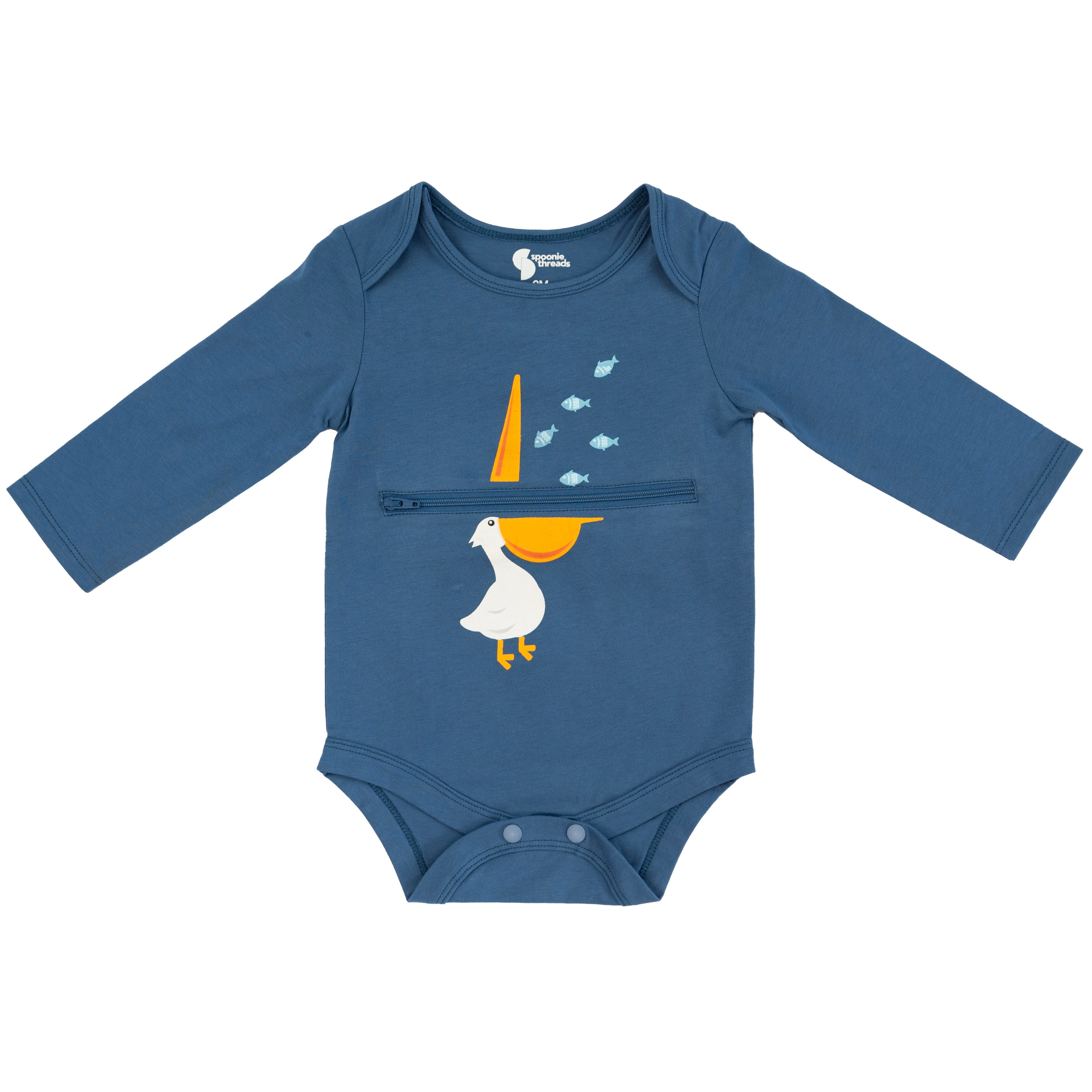 Spoonie Threads Navy Pelican LongSleeve Tummy Zip Bodysuit Preemie to 24M GTube, Ostomy