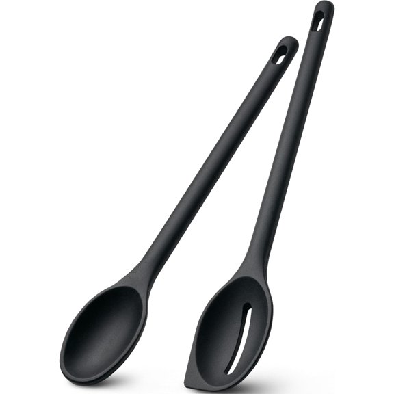 Spoons for Cooking, 600?F Heat Resistant Cooking Spoon with Solid & Slotted Spoon for Mixing, Serving, Stirring, Scraping, Kitchen Utensil Set, Dishwasher Safe (2Pcs, Black)