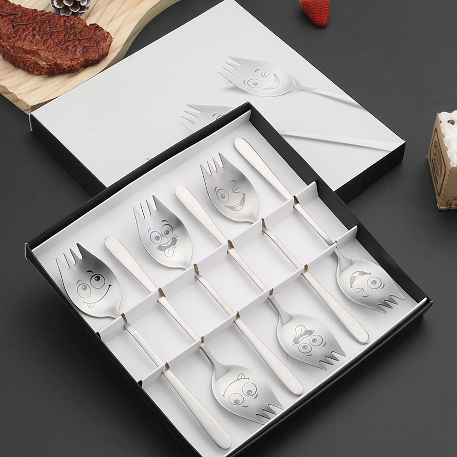 Spoons Set 6 Pieces Silver Stainless Steel Happy Face Funny Facial