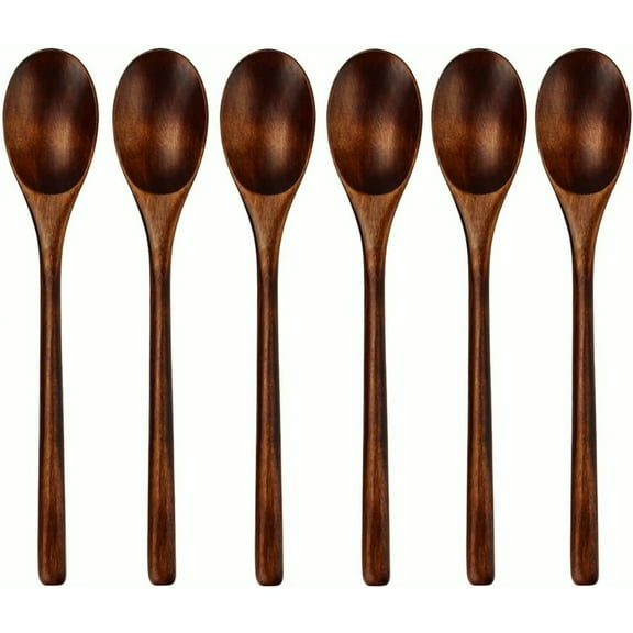 Spoons, Wooden Spoons for Eating, 6 Pieces Japanese Natural Plant Ellipse Wooden Ladle Spoon Set for Cooking Mixing Stirring Honey Tea Soda Dessert Coconut Bowl Nonstick Pots Kitchen
