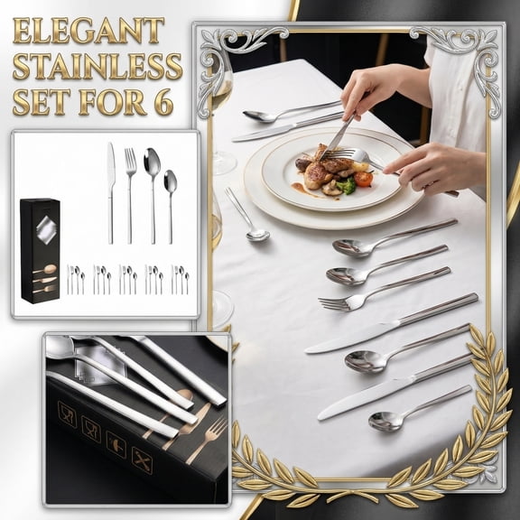 Spoons and Forks Set Stainless Steel, 24 Pc, 6 Knives 6 Forks 12 Spoons, Dinner Set for 6, Polished Silver Tone, Gift Box Packaging
