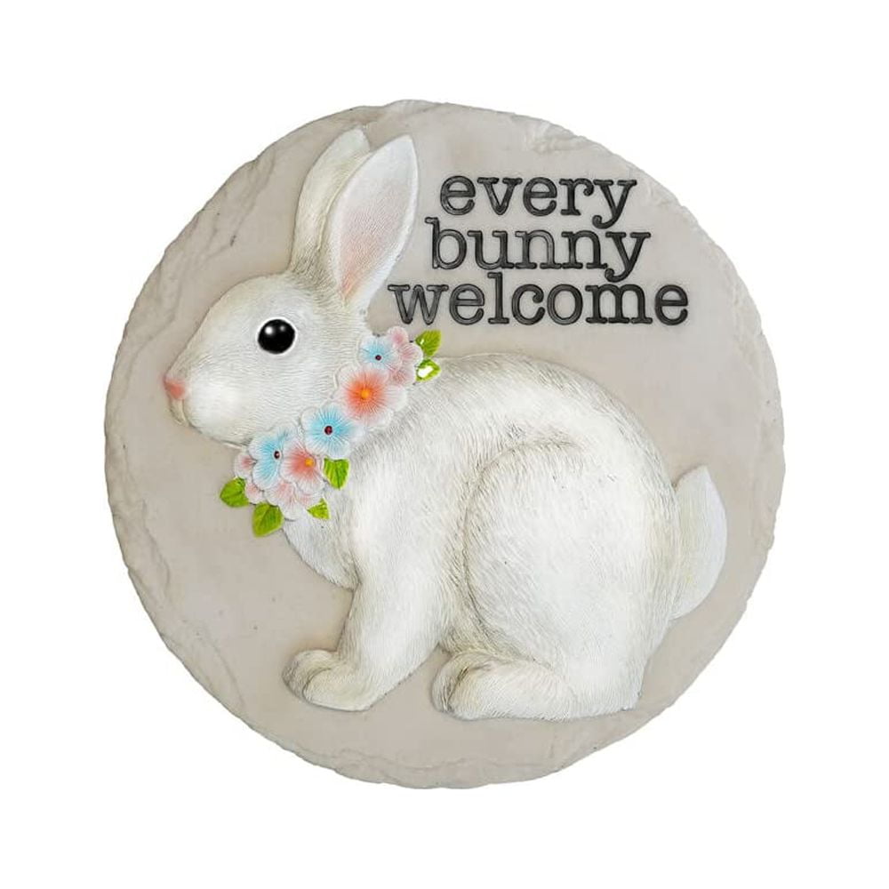 White Cement Bunny Stepping Stone with Floral Accents