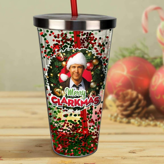 Spoontiques 21331 Merry Clarkmas Glitter Cup w/Straw, One Size, Red & Green