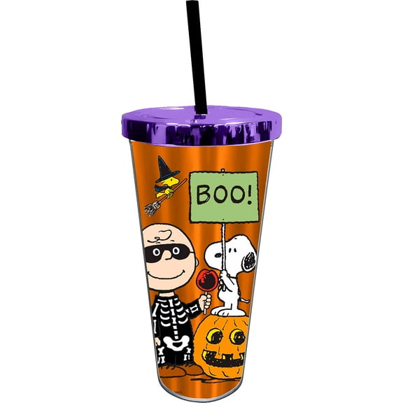 Spoontiques - Acrylic Foil Cup with Straw - 20 - Metallic Locking Lid with Straw - Double Wall Insulated - BPA Free - Peanuts Halloween Foil Tumbler