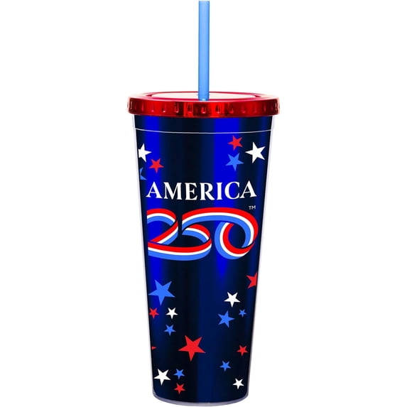 Spoontiques America 250 Foil Cup - 20oz Acrylic Foil Cup with Straw - Metallic Locking Lid - Double Wall Insulated and BPA Free