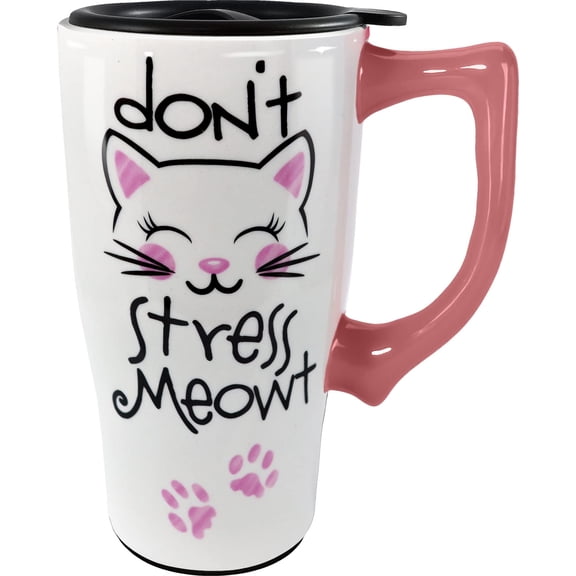 Spoontiques Ceramic Travel Coffee Mug with Lid and Handle, 18 oz, Don't Stress Meowt