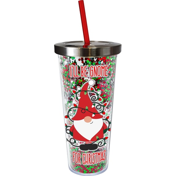Spoontiques - Christmas Gnome - Acrylic Tumbler - Glitter Cup with Straw - 20 oz