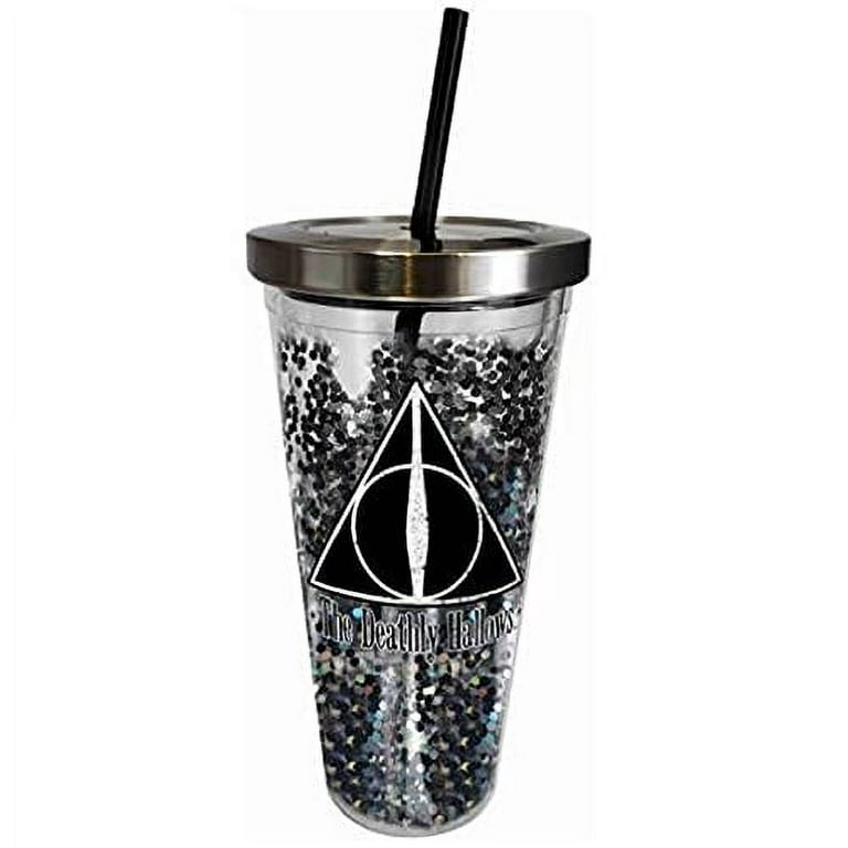 Spoontiques - Harry Potter Tumbler - Deathly Hallows Glitter Cup with Straw  - 20 oz - Acrylic - Black 