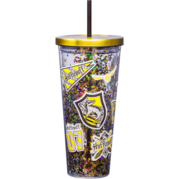 Spoontiques Large Harry Potter Glitter Cup Tumbler with Stainless Steel Lid and Straw - 32 oz - Acrylic - Hufflepuff