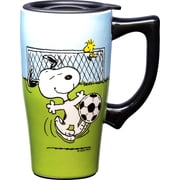 Spoontiques Snoopy Soccer Ceramic Travel Coffee Mug with Lid and Handle - Spill Proof Lid - Double Walled Mug for Hot and Cold Beverages - Microwave and Dishwasher Safe
